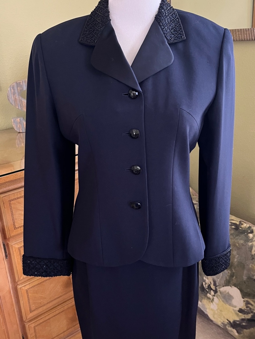Kasper Navy Blue Tailored Suit with Textured Collar & Cuffs